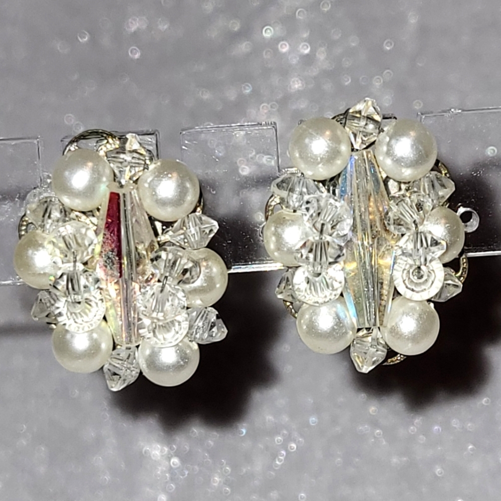 Vintage Faux Pearl / AB Crystal Cluster Silver Tone Clip On Earrings